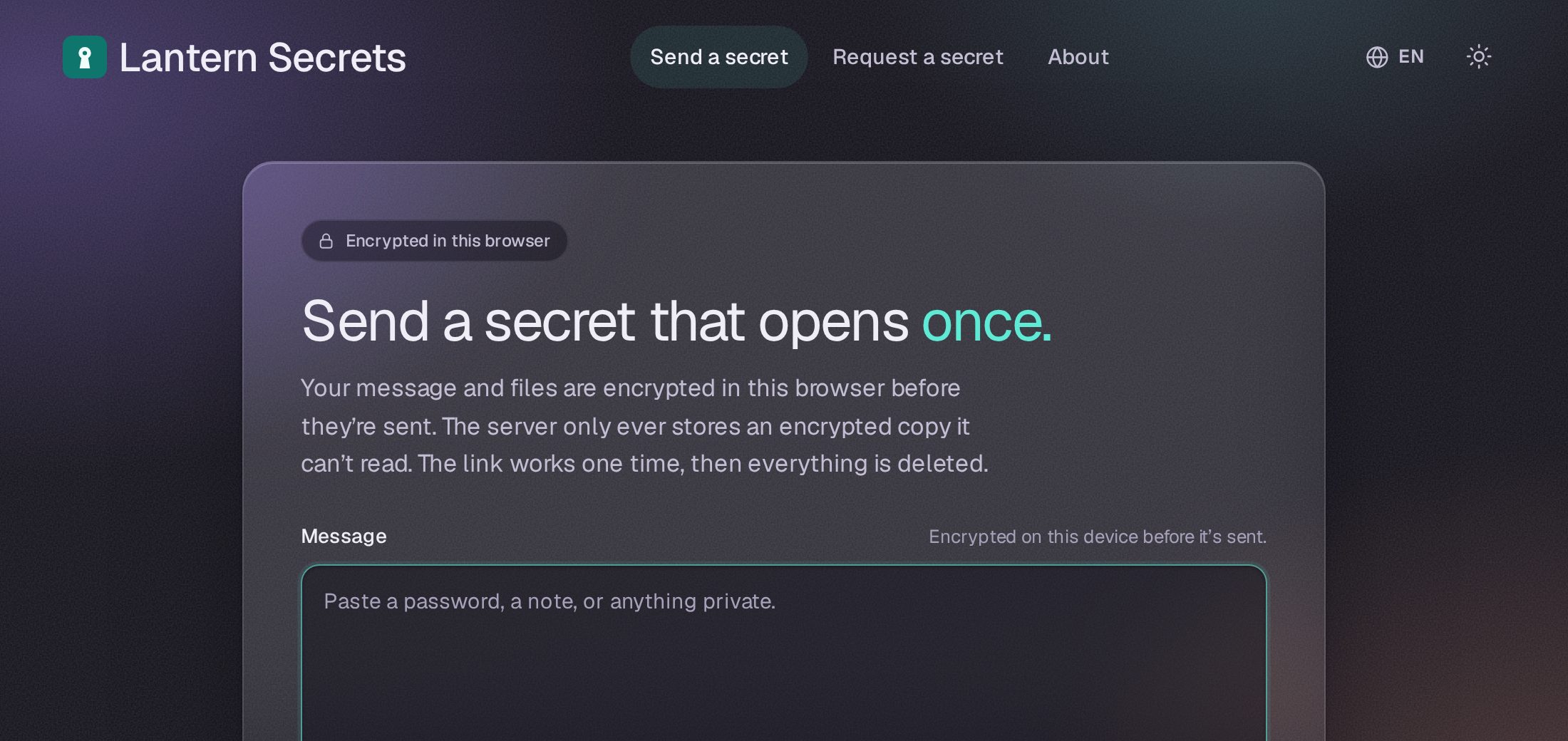 The send page in the dark theme with the word “once.” and the focus ring in light teal #5eead4