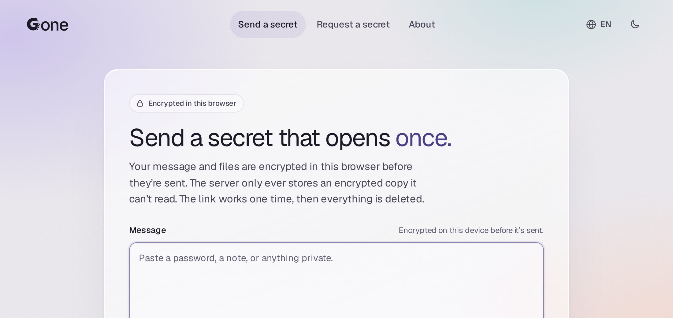 The send page in Gone’s violet: the word “once.” in the heading and the focus ring around the message box