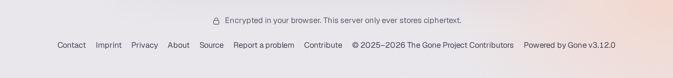 The branded footer: Contact, Imprint and Privacy first, then the same Gone links and copyright, and “Powered by Gone v3.12.0”