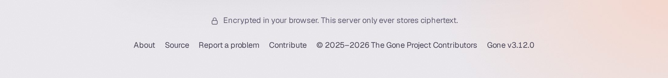 The default footer: About, Source, Report a problem, Contribute, the copyright line and “Gone v3.12.0”