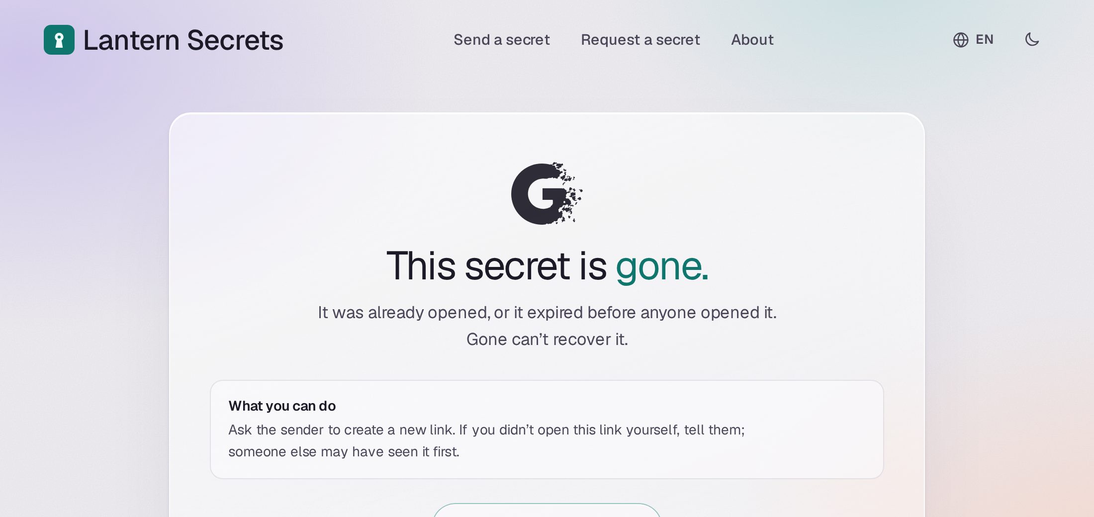 The “This secret is gone.” screen on a branded instance: the Lantern header and teal accent, with Gone’s large eroding G above the heading