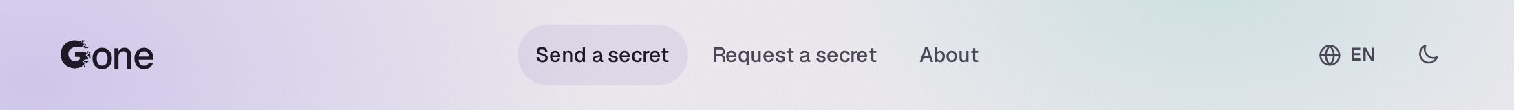 The default header: the Gone wordmark, navigation, language picker and theme toggle
