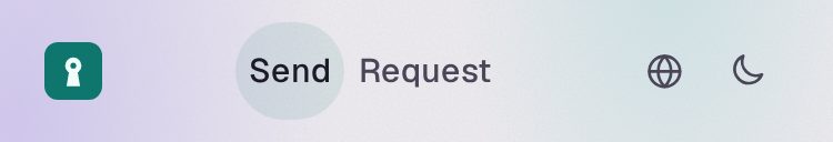 The header on a phone: the Lantern logo alone, then Send, Request, the language picker and the theme toggle